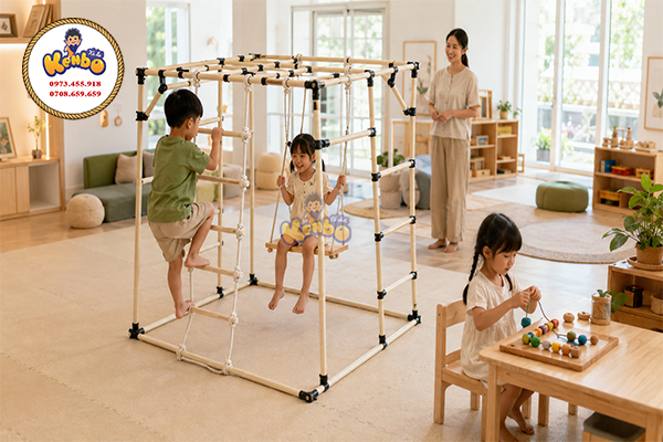 Không gian vui chơi trong nhà kết hợp cả vận động tinh và vận động thô, nơi trẻ có thể phát triển toàn diện.